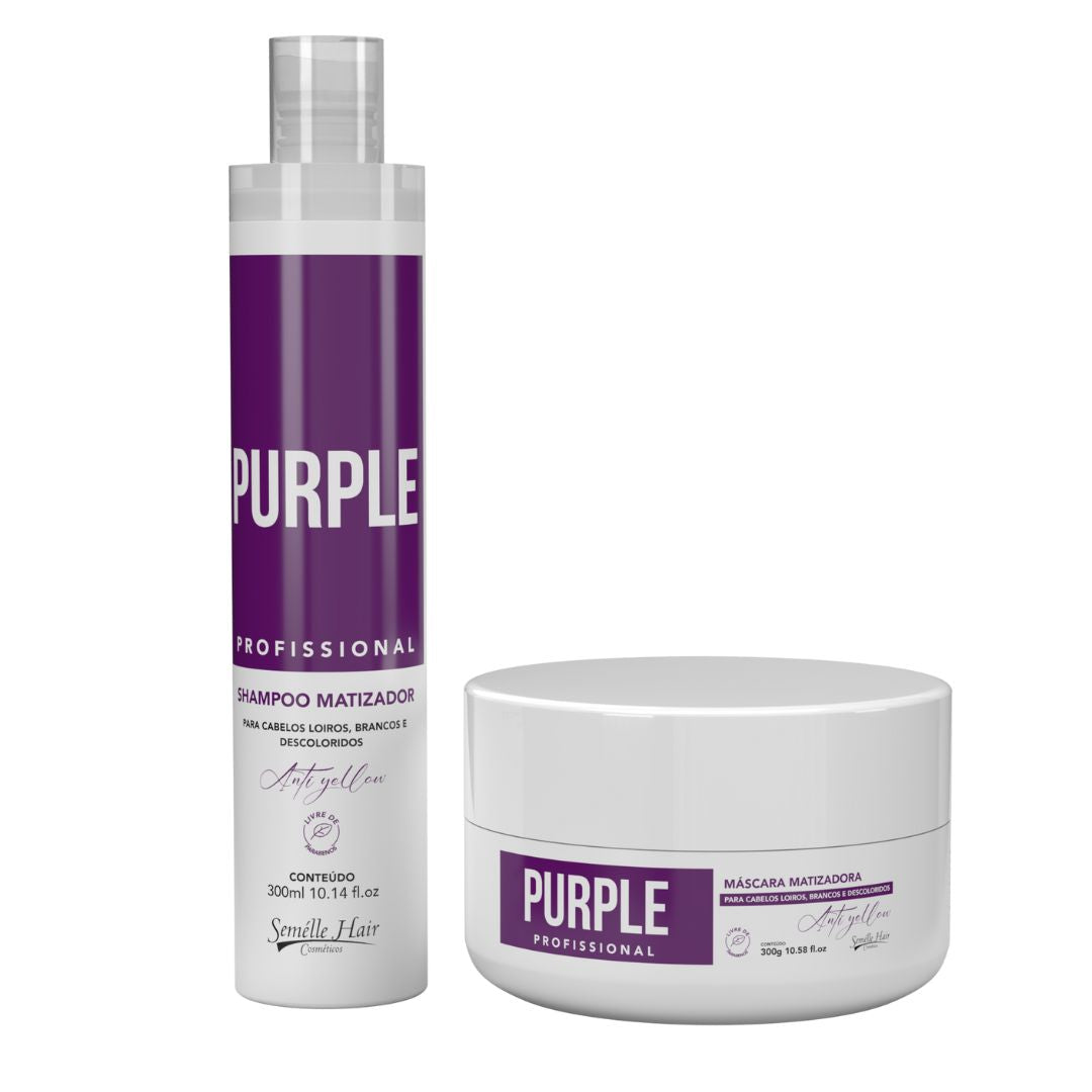 Kit Purple Matizador Profissional elimina o amarelado dos cabelos loiros, descoloridos e brancos. Com shampoo e máscara, realça o tom platinado.