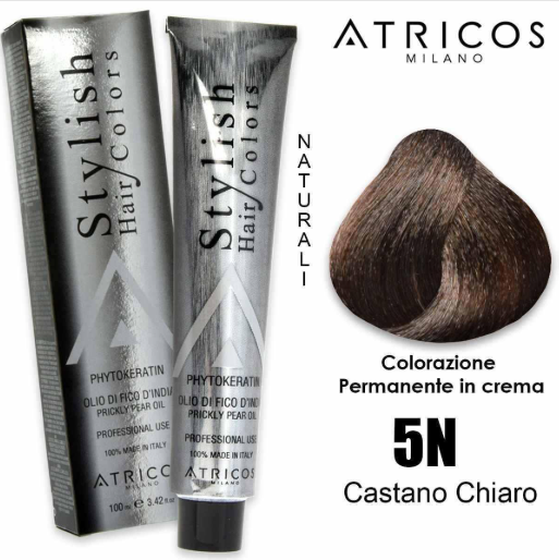 Stylish Hair Colors 5N Castanho Claro, coloração capilar permanente em creme com óleo de figo-da-índia e fitoqueratina. Cobertura 100% dos brancos.
