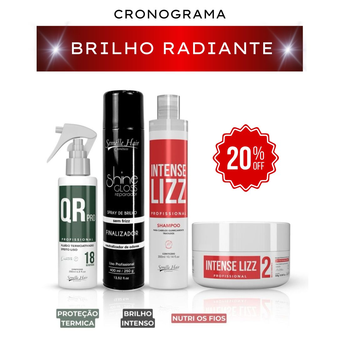 Kit Cronograma Brilho Radiante com shampoo, máscara, spray finalizador e protetor térmico para tratamento capilar completo com resultado de salão.