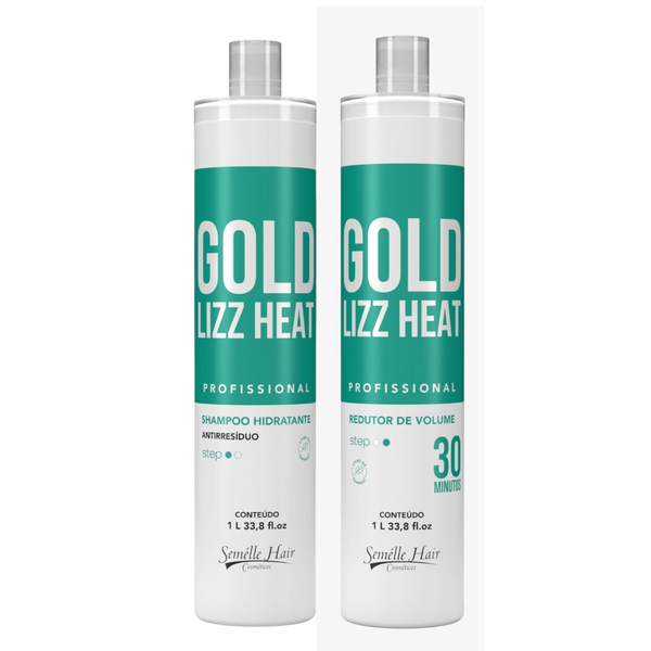 Progressiva Orgânica Gold Lizz 2x1L para alisamento capilar sem formol. Reduz volume e frizz, proporcionando cabelos lisos, brilhantes e macios.