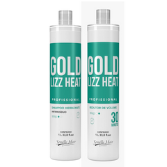 Progressiva Orgânica Gold Lizz 2x1L para alisamento capilar sem formol. Reduz volume e frizz, proporcionando cabelos lisos, brilhantes e macios.