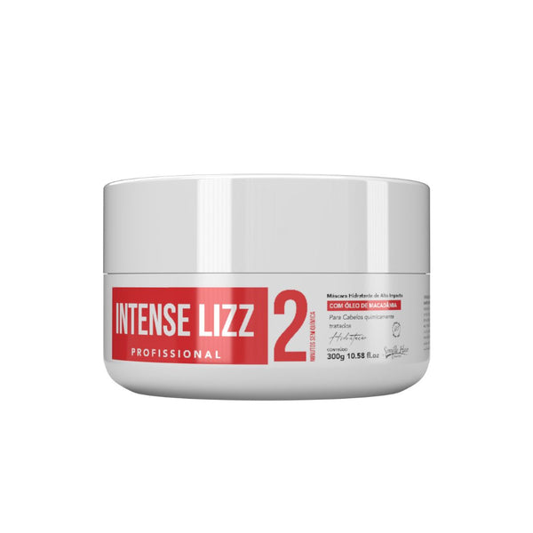 Máscara Intense Lizz Pós Progressiva 300g para tratamento capilar. Hidrata, revitaliza e prolonga o efeito da progressiva, proporcionando brilho intenso.