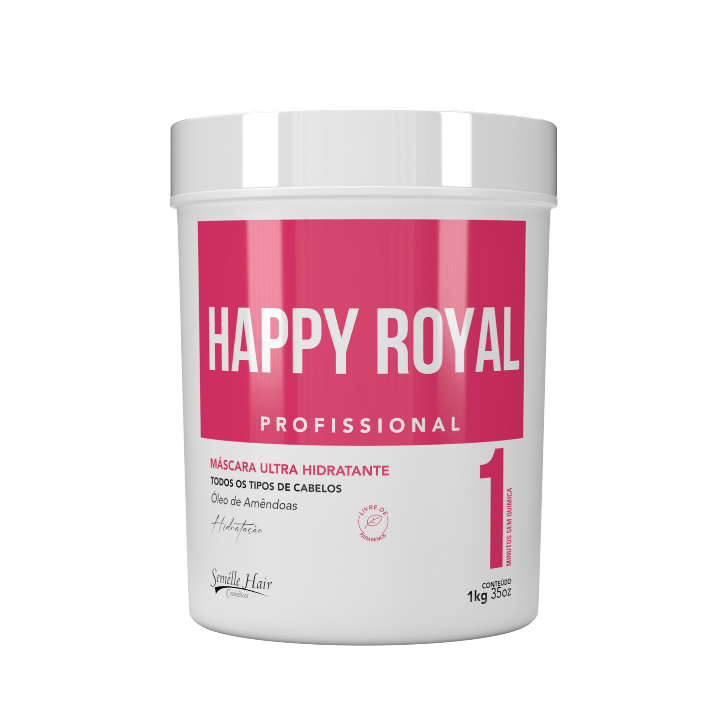 Máscara Happy ROYAL Hidratação Capilar 1KG com óleo de amêndoas para efeito desmaia cabelo. Proporciona brilho intenso e ação anti-frizz.