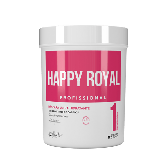 Máscara Happy ROYAL Hidratação Capilar 1KG com óleo de amêndoas para efeito desmaia cabelo. Proporciona brilho intenso e ação anti-frizz.