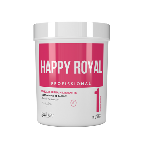 Máscara Happy ROYAL Hidratação Capilar 1KG com óleo de amêndoas para efeito desmaia cabelo. Proporciona brilho intenso e ação anti-frizz.