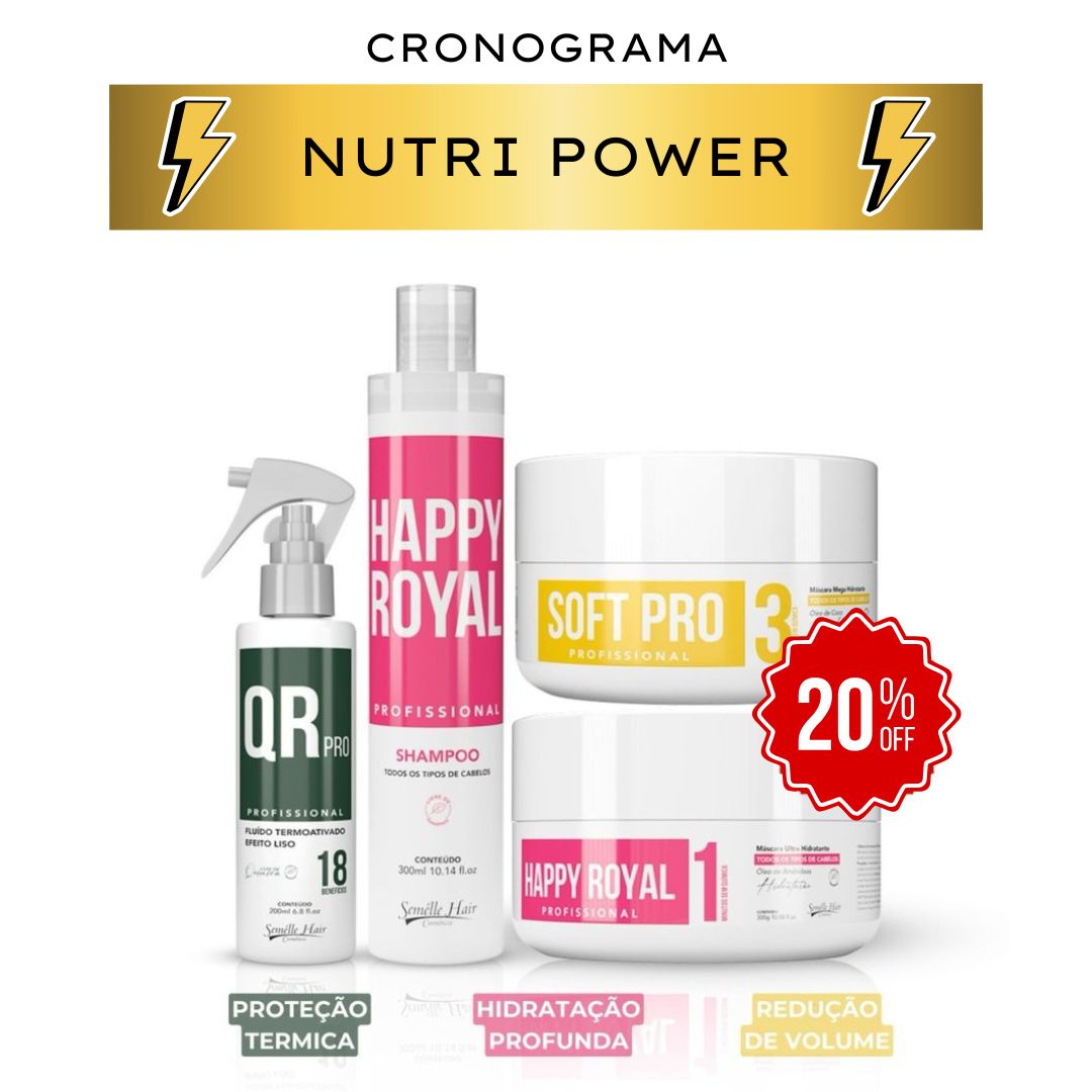 Kit Cronograma Capilar Nutri Power com shampoo, máscara Soft Pro, máscara Happy Royal e Protetor Térmico. Nutrição intensiva para um cabelo saudável.