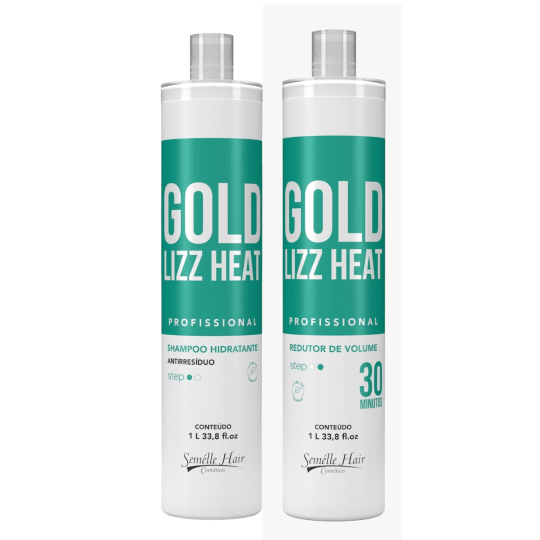Kit Progressiva Gold Lizz Orgânica 2x1L com shampoo hidratante e redutor de volume sem formol. Alisamento capilar profissional liso natural.