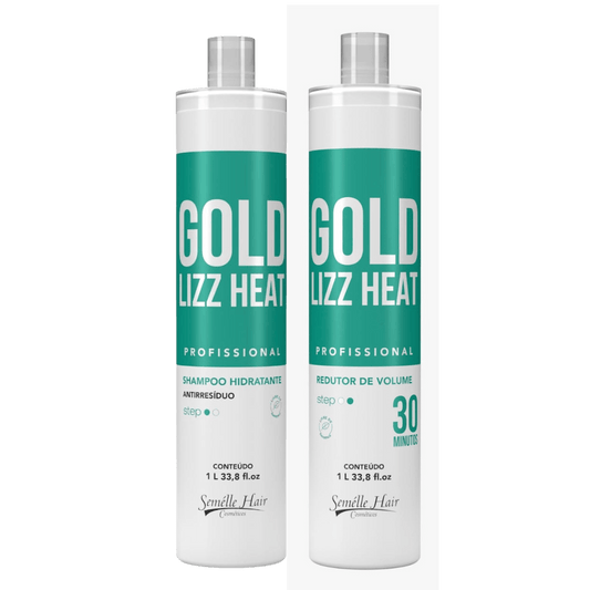 Kit Progressiva Gold Lizz Orgânica 2x1L com shampoo hidratante e redutor de volume sem formol. Alisamento capilar profissional liso natural.